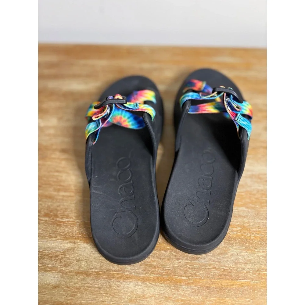 Chaco‎ Kids Slides Tie Dye Rainbow Strap Black Comfort Performance Footwear SZ 5